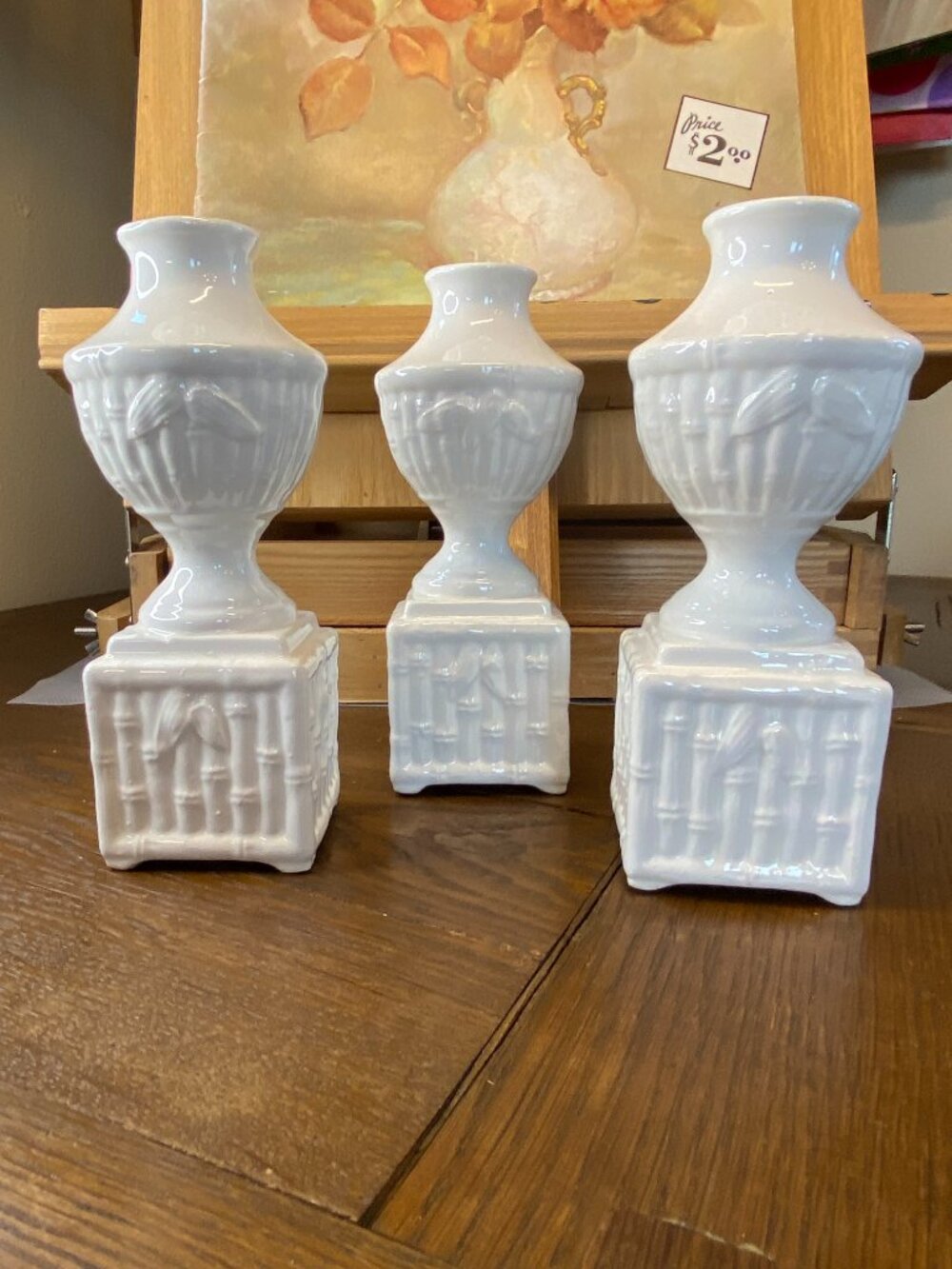 Vintage Chinoiserie Faux Bamboo White Ceramic 7" Urns - Set of 3